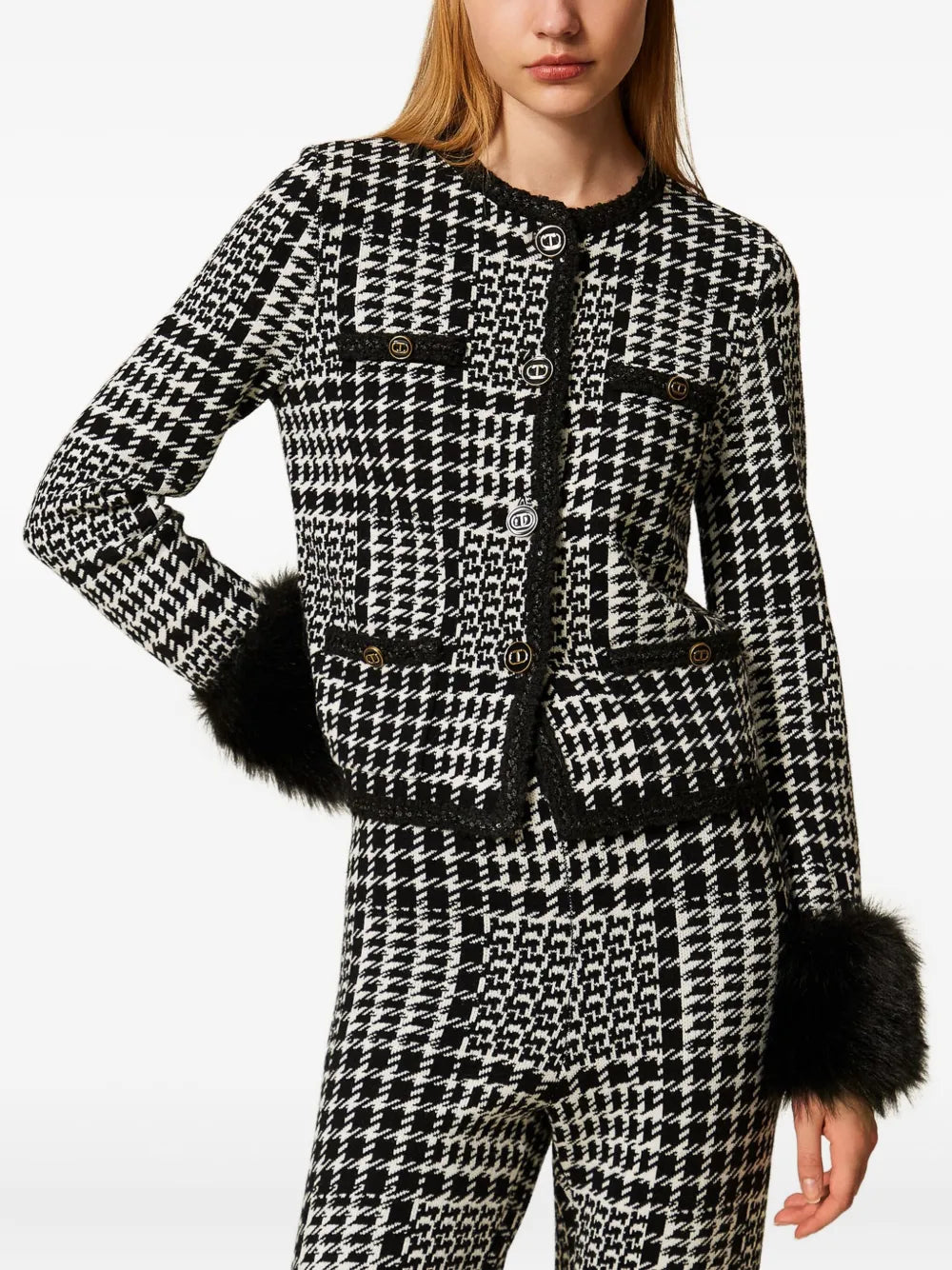Twinset Checked Faux Fur Trim Jacket