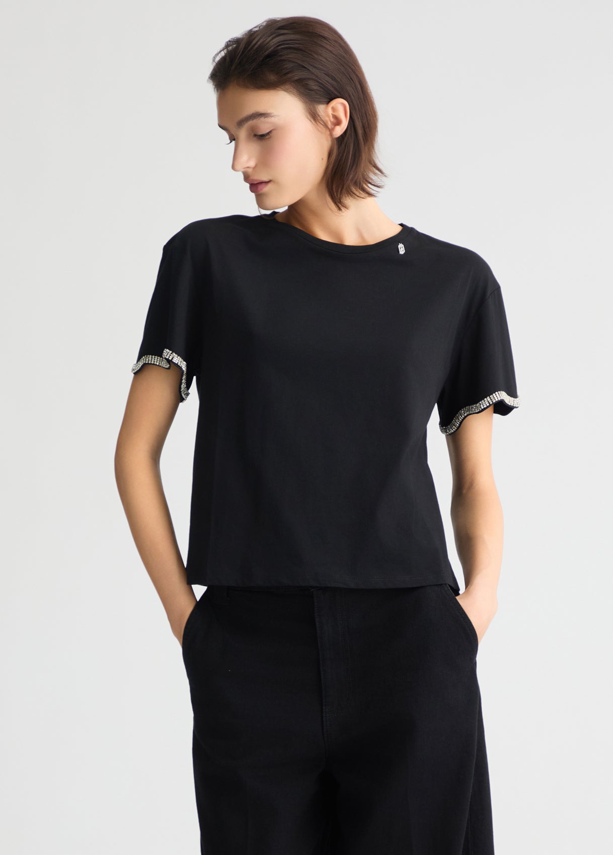 Liu Joe Cotton T-Shirt with Rhinestones