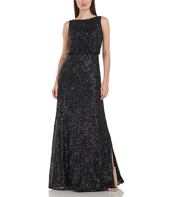 J S Collection Stretch Sequin Boat Neck Sleeveless A Line Gown