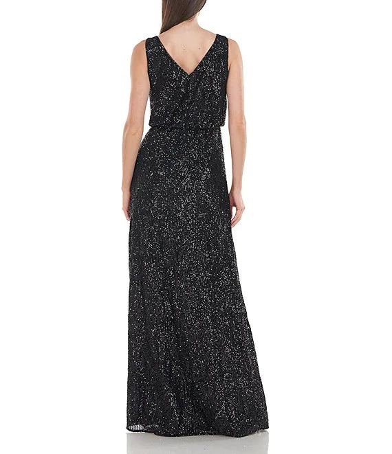 J S Collection Stretch Sequin Boat Neck Sleeveless A-Line Gown