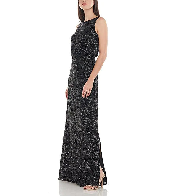 J S Collection Stretch Sequin Boat Neck Sleeveless A-Line Gown