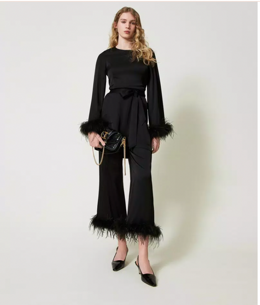 Twinset Satin Trousers with Feathers