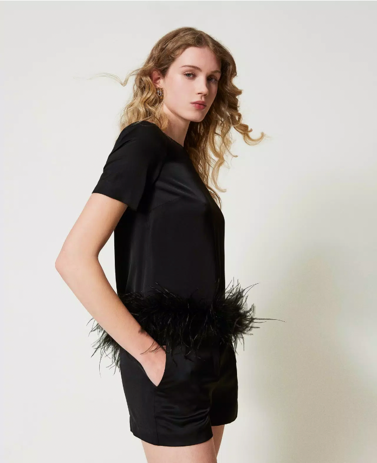 Twinset Satin Blouse with Feathers