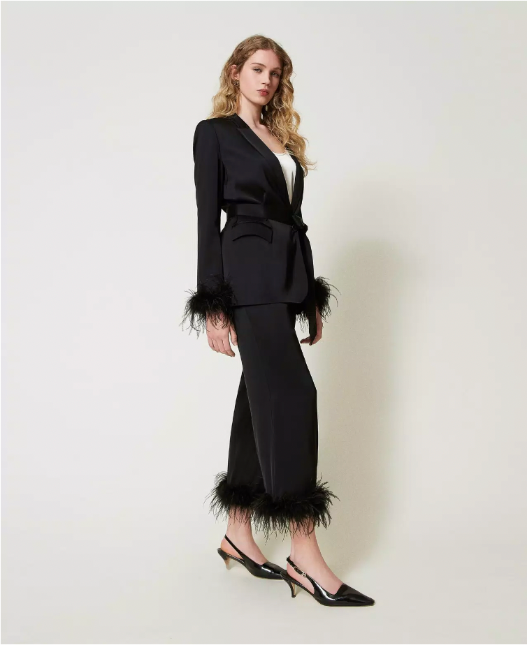 Twinset Satin Trousers with Feathers