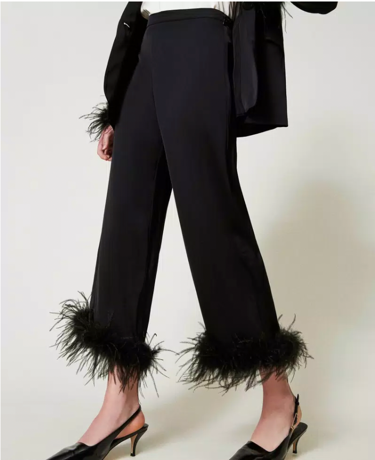 Twinset Satin Trousers with Feathers