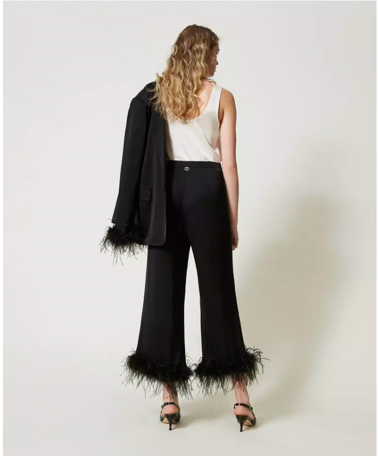 Twinset Satin Trousers with Feathers