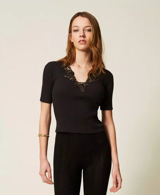 Twinset Ribbed T-Shirt with Lace