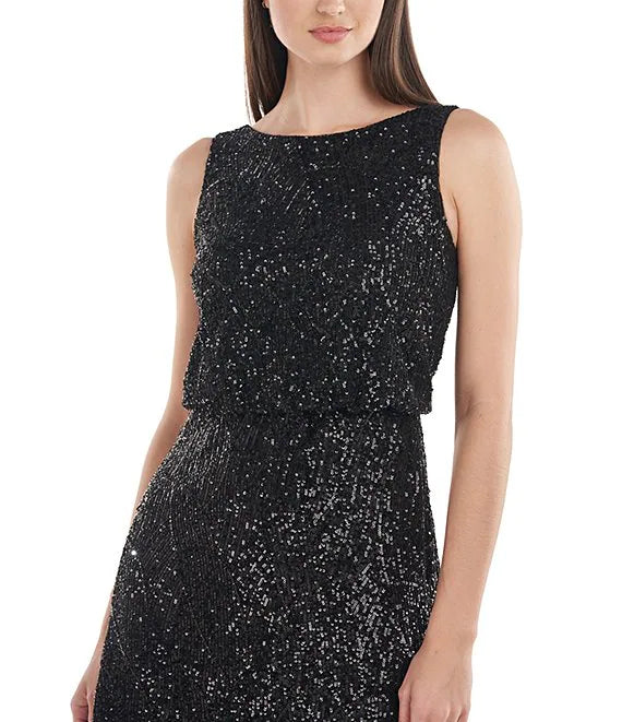 J S Collection Stretch Sequin Boat Neck Sleeveless A-Line Gown